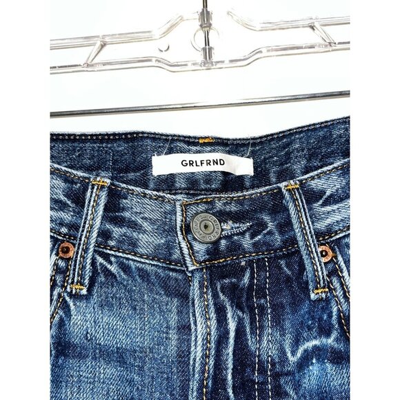 Grlfrnd Blue High-Rise Button-Fly Distressed Look Slim Fit Dark Wash Women's Jea - Picture 4 of 11